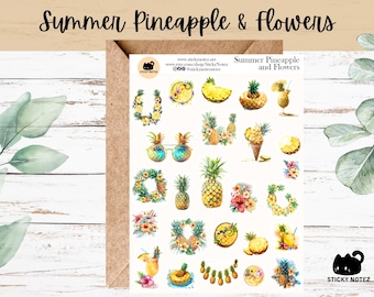 Summer Pineapple and Flowers Stickers for Planners & Journals | Tropical Vacation Decorative Junk Journal Stickers | Scrapbooking Stickers