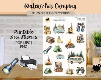Watercolor Camping Printable Stickers for Planners & Journals | Vacation Decorative Stickers | Cottagecore Scrapbook Download