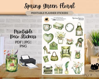 Spring Green Floral Printable Stickers for Planners & Journals | Floral Garden Decorative Stickers | Cottagecore Scrapbook Download