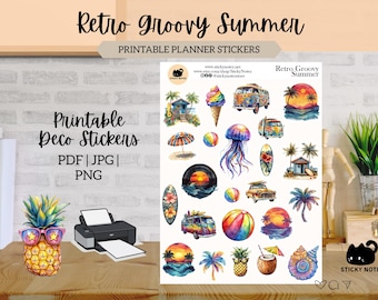 Retro Groovy Summer Printable Stickers for Planners & Journals | Summer Beach Decorative Stickers | Cottagecore Scrapbook Download