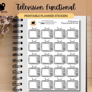 May include: Printable planner stickers featuring black and white illustrations of retro televisions. The sheet includes multiple television icons, perfect for organizing and decorating planners. The text "Television Functional" is at the top.