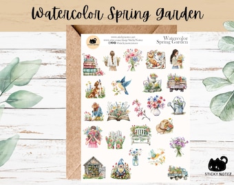 Watercolor Spring Garden Stickers for Planners & Journals | Floral Cottagecore Decorative Junk Journal Stickers | Gardening Scrapbooking