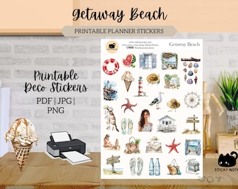 Getaway Beach Printable Stickers for Planners & Journals | Floral Garden Decorative Stickers | Cottagecore Scrapbook Download