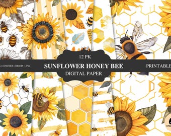 Sunflower Honey Bee Digital Paper Pack | Cottagecore Scrapbooking | 12x12 Printable Botanical Backgrounds | Junk Journal, Planner, Ephemera
