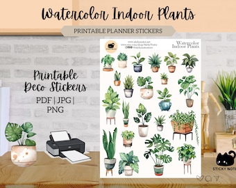 Watercolor Indoor Plants Printable Stickers for Planners & Journals | Potted Plants Decorative Stickers | Cottagecore Scrapbook Download