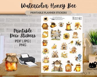 Watercolor Honey Bee Printable Stickers for Planners & Journals | Bee Garden Decorative Stickers | Cottagecore Scrapbook Download