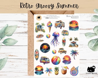 Retro Groovy Summer Stickers for Planners & Journals | Rainbow Beach Decorative Junk Journal Stickers | Summer Scrapbooking Sticker Sheet