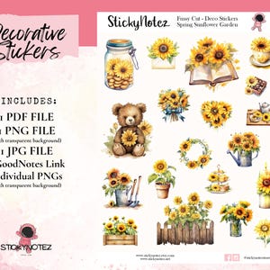 Spring Sunflower Garden Decorative Stickers | Printable Fussy Cut Stickers | Digital Planner Stickers | Sunflower Scrapbooking | PNG PDF JPG