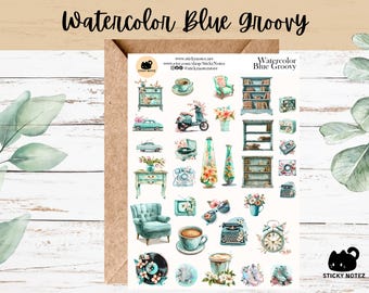 Watercolor Blue Groovy Stickers for Planners & Journals | Retro Vintage Decorative Junk Journal Stickers | Thrifted Summmer Scrapbooking