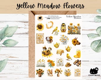 Yellow Meadow Flowers Stickers for Planners & Journals | Spring Floral Decorative Junk Journal Stickers | Wildflower Scrapbooking Stickers
