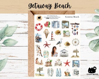 Getaway Beach Stickers for Planners & Journals | Coastal Decorative Junk Journal Stickers | Summer Scrapbooking Sticker Sheet