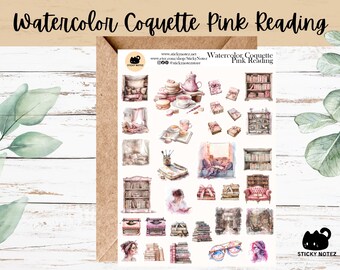 Watercolor Coquette Pink Reading Stickers for Planners & Journals | Vintage Library Decorative Junk Journal Stickers | Scrapbooking Stickers
