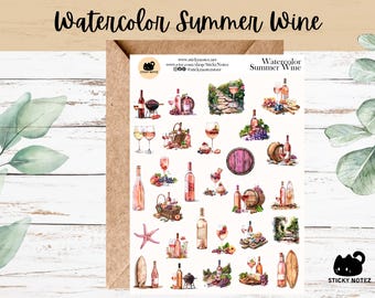 Watercolor Summer Wine Stickers for Planners & Journals | Vineyard and Picnic Decorative Junk Journal Stickers | Wine Lovers Scrapbooking