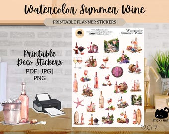 Watercolor Summer Wine Printable Stickers for Planners & Journals | Relaxing Retreat Decorative Stickers | Cottagecore Scrapbook Download
