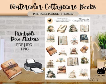 Watercolor Cottagecore Books Printable Stickers for Planners & Journals | Reading Decorative Stickers | Cottagecore Scrapbook Download