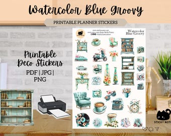 Watercolor Blue Groovy Printable Stickers for Planners & Journals | Reading Decorative Stickers | Coquette Scrapbook Download