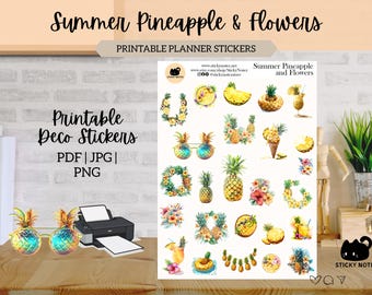 Summer Pineapple and Flowers Printable Stickers for Planners & Journals | Summer Decorative Stickers | Cottagecore Scrapbook Download