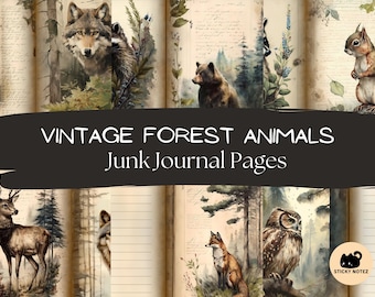 Vintage Forest Animal Junk Journal Pages | Woodland Printable Scrapbooking Pages | Forest Wildlife Ephemera | Cottagecore Digital Paper