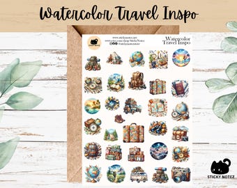 Watercolor Travel Inspo Stickers for Planners & Journals | World Adventure Decorative Junk Journal Stickers | Vintage Travel Scrapbooking