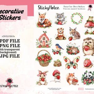 Animaux à l'aquarelle et fraises | Coupe baiser | Stickers décoratifs imprimables | Stickers numériques pour agenda | Stickers Scrapbooking | Cricut