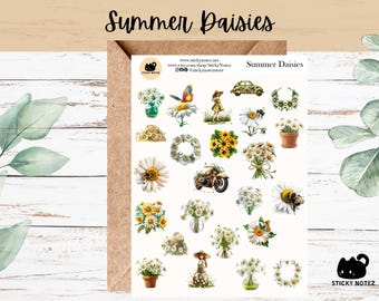 Summer Daisies Stickers for Planners & Journals | Summer Cottagecore Decorative Junk Journal Stickers | Daisy Scrapbooking Stickers