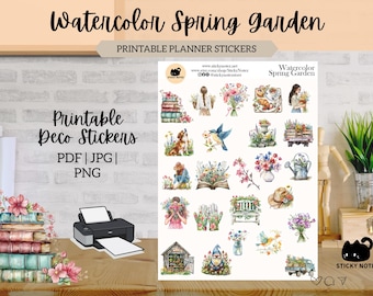 Watercolor Spring Garden Printable Stickers for Planners & Journals | Floral Garden Decorative Stickers | Cottagecore Scrapbook Download