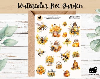 Watercolor Bee Garden Stickers for Planners & Journals | Cottagecore Decorative Junk Journal Stickers | Summer Scrapbooking