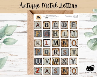 Antique Metal Letters Sticker for Planners & Journals | Vintage Industrial Decorative Lettering Stickers | Scrapbooking Sticker Sheet