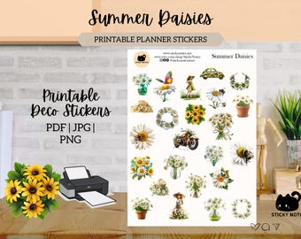 Summer Daisies Printable Stickers for Planners & Journals | Summer Floral Decorative Stickers | Cottagecore Scrapbook Download