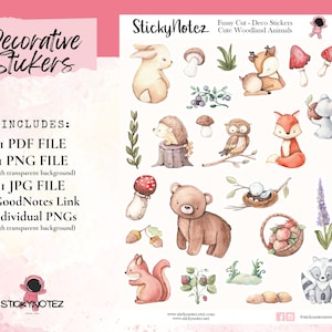 Cute Woodland Forest Animals Decorative Stickers | Printable Fussy Cut Stickers | Digital Planner Stickers | Cute Scrapbooking | PNG PDF JPG