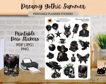 Dreamy Gothic Summer Printable Stickers for Planners & Journals | Dark Feminine Decorative Stickers | Moody Summer Aesthetic | Ephemera