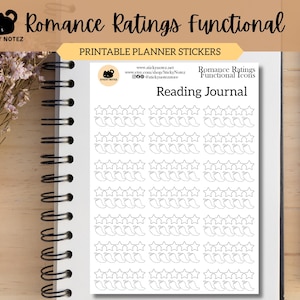 May include: A white sheet of printable planner stickers titled Reading Journal, featuring rows of black outline star and chili pepper icons. The sheet includes the Sticky Notez logo, website URL, and social media handles in the top corner area.