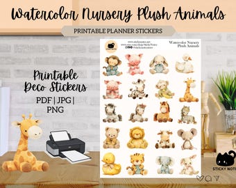 Watercolor Nursery Plush Animals Printable Stickers for Planners & Journals | Baby Animal Decorative Stickers | Watercolor Scrapbook Sheet