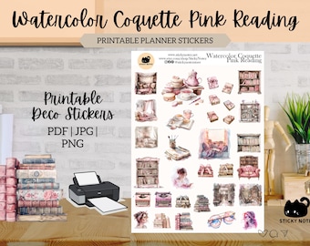 Watercolor Coquette Pink Reading Printable Stickers for Planners & Journals | Reading Decorative Stickers | Coquette Scrapbook Download