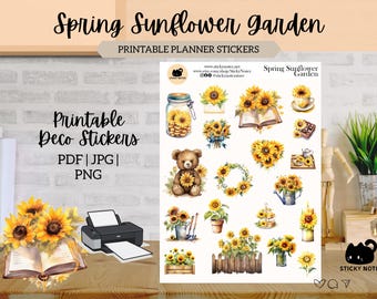 Spring Sunflower Garden Printable Stickers for Planners & Journals | Floral Garden Decorative Stickers | Cottagecore Scrapbook Download