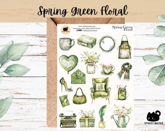 Spring Green Floral Stickers for Planners & Journals | Floral Decorative Junk Journal Stickers | Green Gardening Scrapbooking Stickers