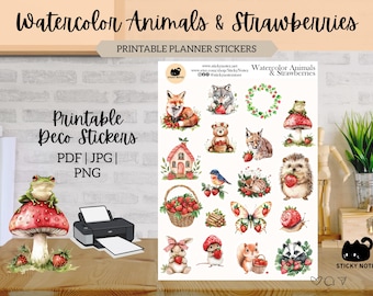 Watercolor Animals and Strawberries Printable Stickers for Planners & Journals | Floral Garden Decorative Stickers | Cottagecore Scrapbook