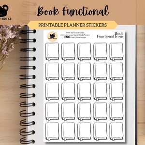 Puede incluir: Una hoja de pegatinas imprimibles para planificador con iconos de libros en blanco y negro. La hoja está etiquetada como "Book Functional" e incluye el logotipo de Sticky Notez. Las pegatinas están diseñadas para planificadores y diarios.