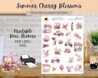 Summer Cherry Blossoms Printable Stickers for Planners & Journals | Pink Flower Decorative Stickers | Cottagecore Scrapbook Download