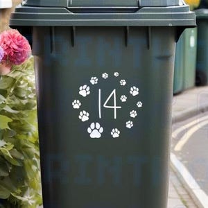 Personalised Wheelie Bin Sticker | Paw Prints Vinyl Decal | Your Street Number | Pack of 1, 2, 3 or 4