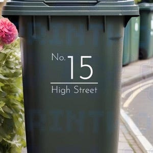 Personalised Wheelie Bin Sticker | Classic Design Vinyl Decal | Number and Street Name | Pack of 1, 2, 3 or 4
