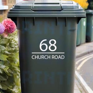 Personalised Wheelie Bin Sticker | Classic Design Vinyl Decal | Number and Street Name | Pack of 1, 2, 3 or 4