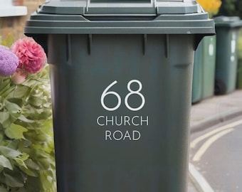 Personalised Wheelie Bin Sticker - Modern Design Vinyl Decal with House Number & Street Name (Pack of 1, 2, 3 or 4)