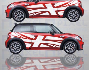 May include: Two red Mini Cooper cars with black roofs and white Union Jack flag designs on the sides. The cars have black wheels and are parked on a reflective surface. The cars are side by side.