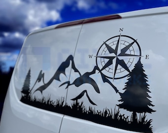 Pixel Printworks | Mountains with Compass | Vinyl Decal | Universal | Suitable for Caravans, Motorhomes, Campers and Vans