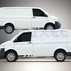 May include: Two white vans with black side stripes. The vans are parked side by side on a gray background.