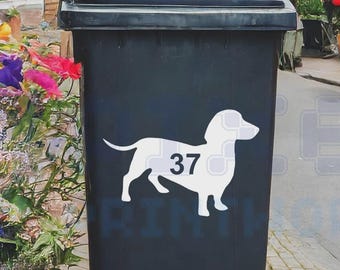 Personalised Wheelie Bin Sticker - Dachshund Vinyl Decal with House Number (Pack of 1, 2, 3 or 4)