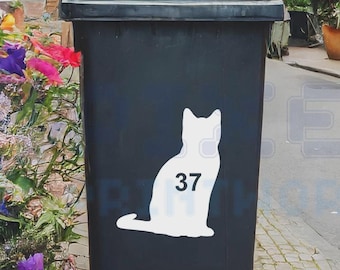 Spersonalizowana naklejka na kosz na śmieci – naklejka winylowa z motywem kota i numerem domu (opakowanie 1, 2, 3 lub 4 szt.)