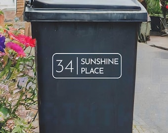 Personalised Wheelie Bin Sticker - Classic Rectangle Design Vinyl Decal with House Number & Street Name (Pack of 1, 2, 3 or 4)