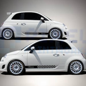 May include: Two white Fiat 500 cars with black chequered racing stripes on the side. The cars are facing the right side of the image. The top car is slightly offset to the left of the bottom car.